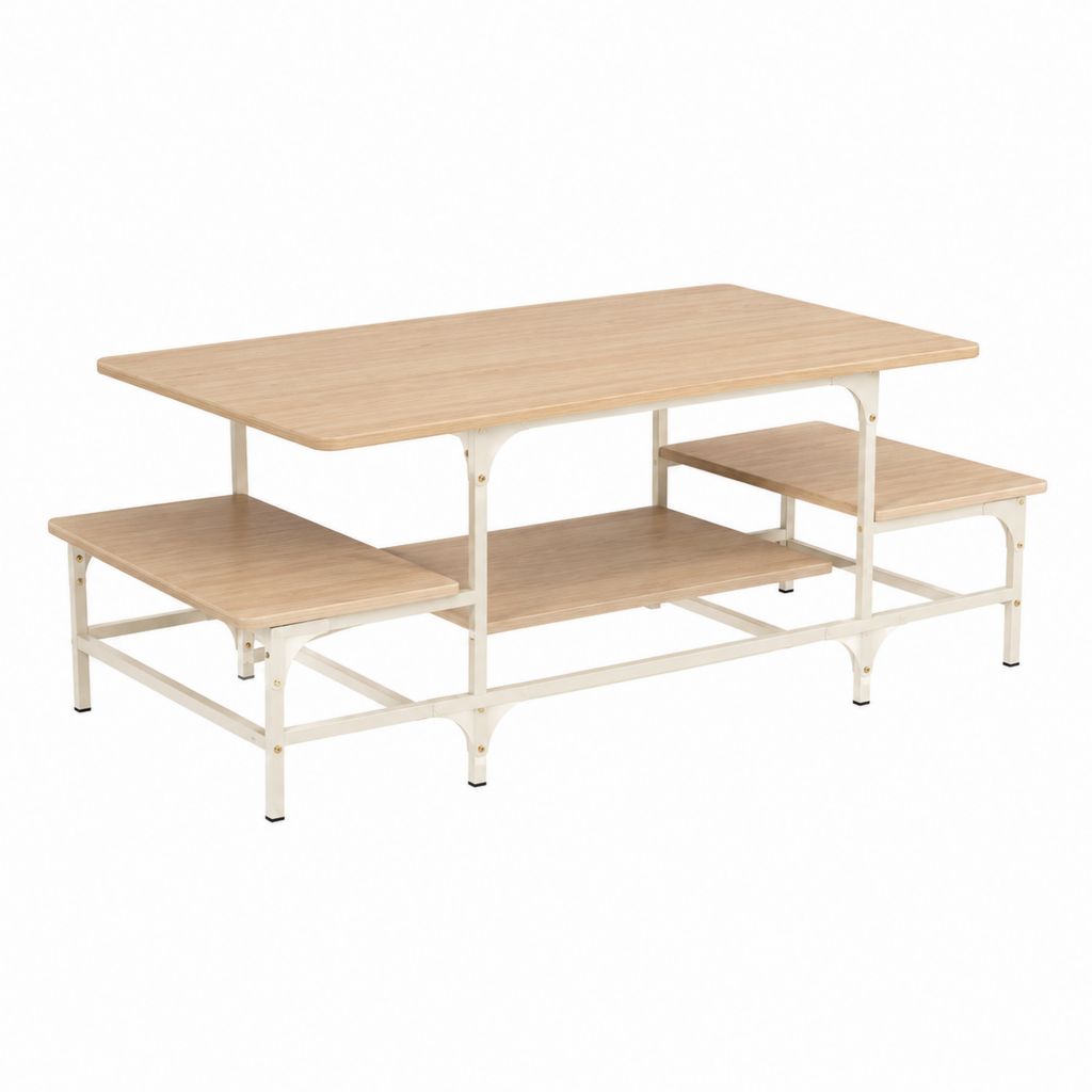 Couchtisch mit Ablagen Hellbraun Weiß Bambus Stahl Rechteckig 120 x 60 x 45 cm