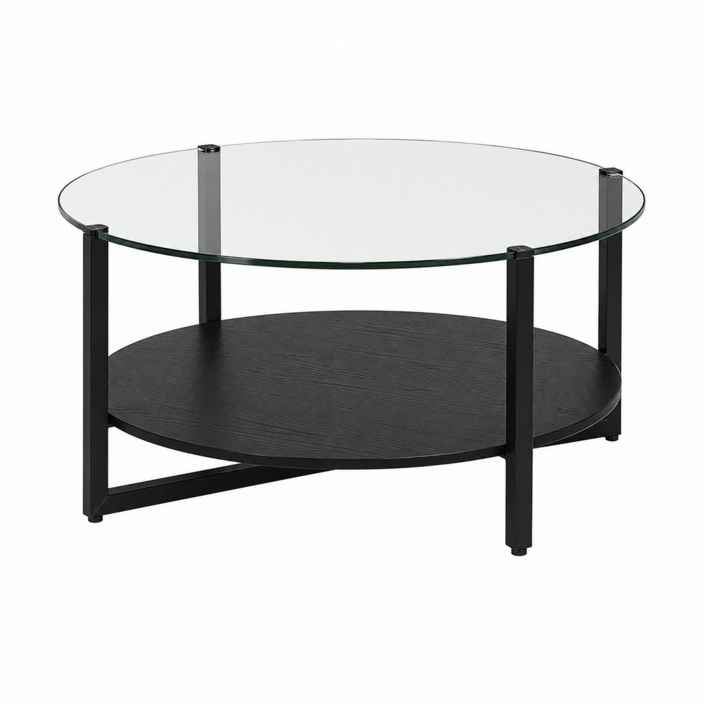 Runder Couchtisch Schwarz mit Glasplatte und Ablage Ø 80 cm Höhe 45 cm