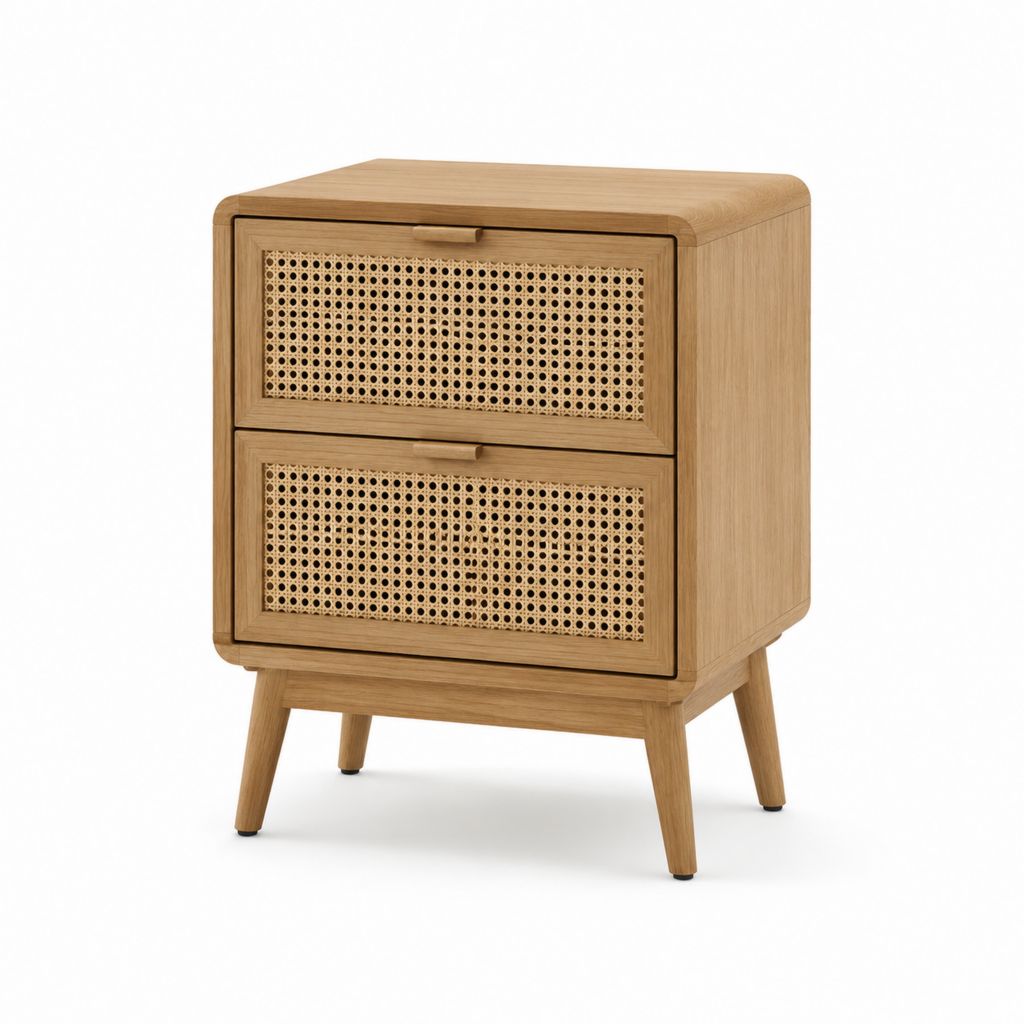 Nachttisch mit 2 Schubladen Natur Eichenfurnier Rattan rechteckig 45 x 40 x 60 cm