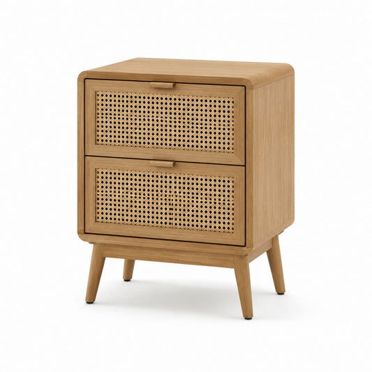 Nachttisch mit 2 Schubladen Natur Eichenfurnier Rattan rechteckig 45 x 40 x 60 cm