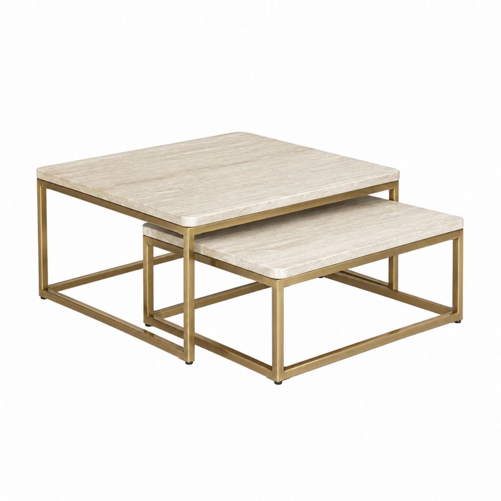 Couchtisch Set 2-teilig Beige Sinterstein Gold Edelstahl quadratisch 80 x 80 x 45 cm und 70 x 70 x 35 cm