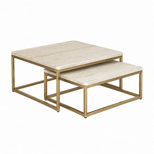 Couchtisch Set 2-teilig Beige Sinterstein Gold Edelstahl quadratisch 80 x 80 x 45 cm und 70 x 70 x 35 cm