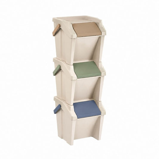 Mülltrennsystem 3er Set Creme PP rechteckig mit Klappdeckeln 33 x 40 x 100 cm 75 l