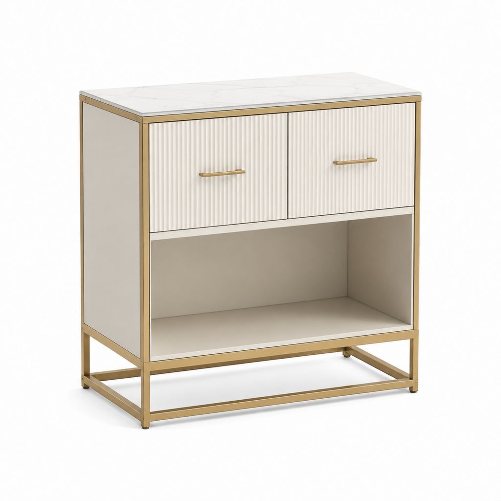 Nachttisch mit 2 Schubladen Weiß Gold MDF Stahl rechteckig 60 x 40 x 65 cm