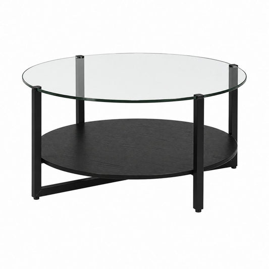 Runder Couchtisch Schwarz mit Glasplatte und Ablage Ø 80 cm Höhe 45 cm