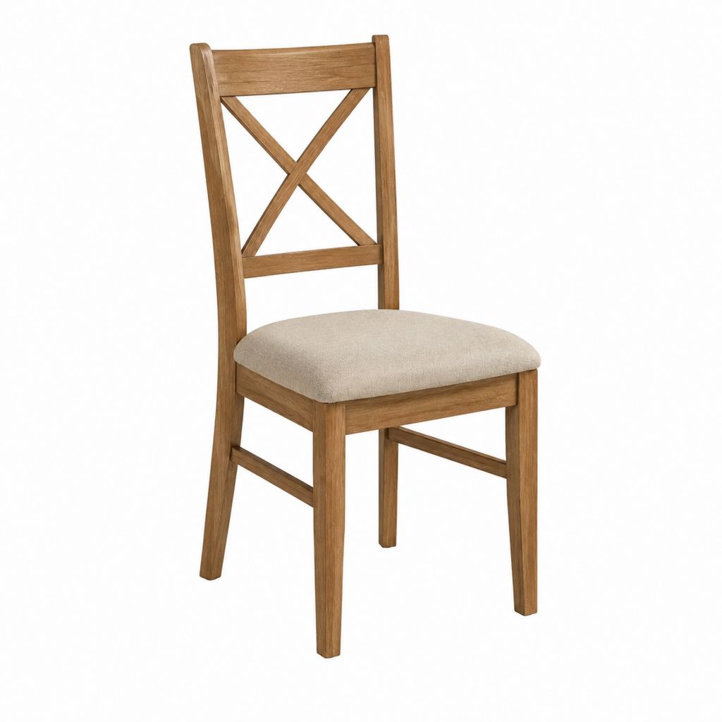 Esszimmerstuhl Braun aus massivem Gummibaumholz mit beigem Polyesterbezug X-Rückenlehne 45 x 55 x 98 cm