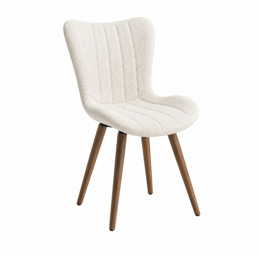 Esszimmerstuhl Bouclé-Polyester Creme Gummibaum-Massivholz Walnussfarben Geschwungene Form 50 x 62 x 91 cm